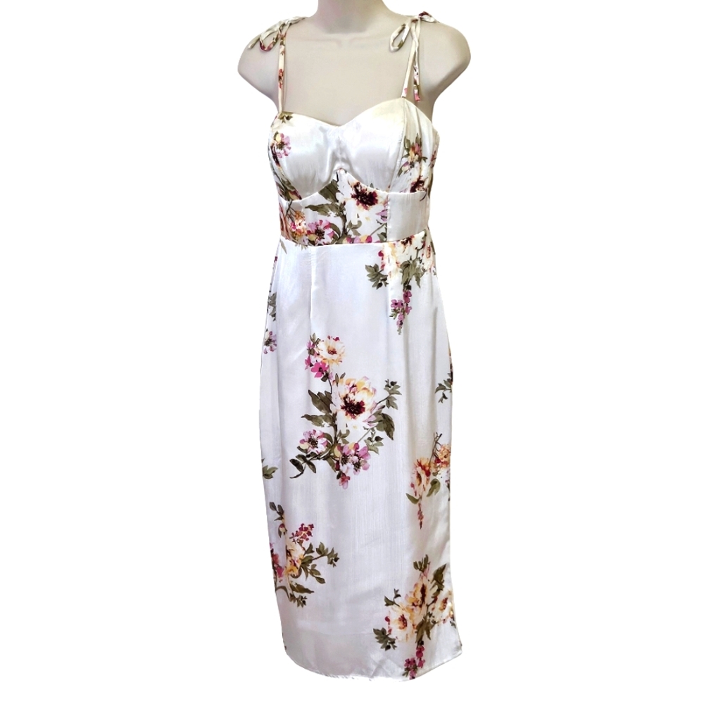 Extraordinary Cream Multicolor Floral Sweetheart Neckline Midi Dress,Size 5